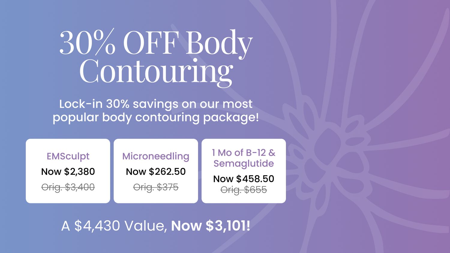 30% off body contouring package promotion.