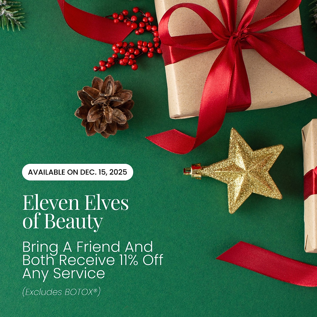 Holiday promotional graphic with gifts and decorations.