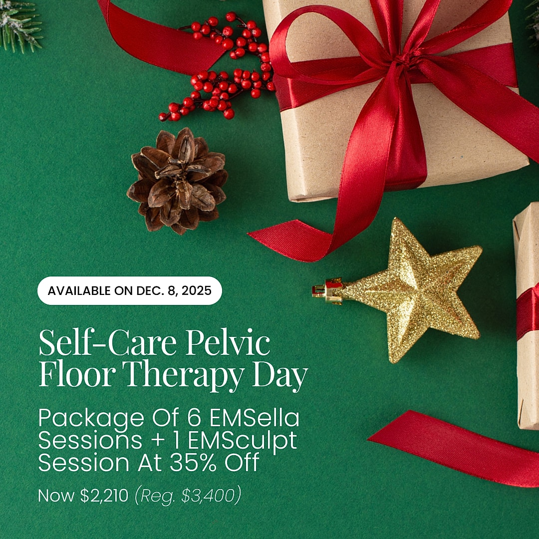 Self-Care Pelvic Floor Therapy promotion with festive decorations.